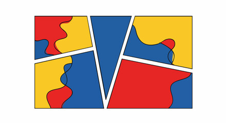 Abstract comic book panel layout featuring vibrant red, blue, and yellow wavy shapes. A modern graphic design background or web element