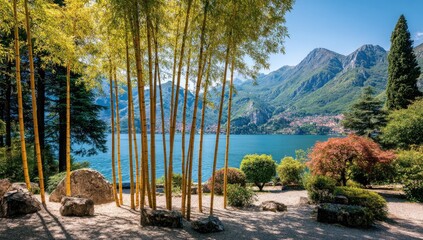 A serene landscape of golden bamboo framing a tranquil lake nestled amidst mountains, with a vibrant display of foliage.