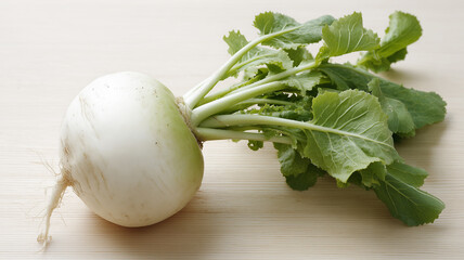 白背景のまな板に葉付きかぶ一個を配置