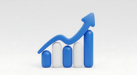 Conceptual 3D illustration of business growth and financial success, showing a rising blue arrow over a statistical bar chart on a white background