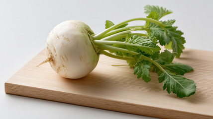 白背景のまな板に葉付きかぶ一個を配置