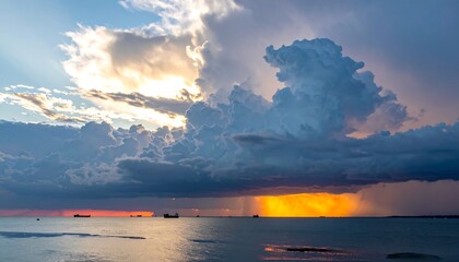 Dramatic sunset over a stormy sea, with massive cumulonimbus clouds casting dramatic shadows.