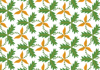 A seamless floral and leaf pattern featuring green and orange leaves on a white background. Ideal for fabric, wallpaper, and packaging design.