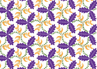A seamless floral and leaf pattern featuring colorful leaves on a white background. Ideal for fabric, wallpaper, and packaging design.