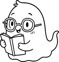 Obraz premium Cute cartoon ghost reading book with glasses for coloring