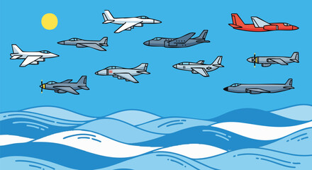Naklejka premium Colorful cartoon illustration of various airplanes flying over blue water and under a yellow sun in a bright sky