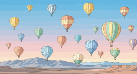 Obraz premium Colorful hot air balloons ascend in a stylized illustrated landscape under a pastel sky. The cheerful scene conveys adventure, travel, and freedom