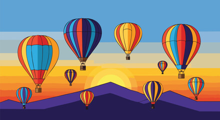 Fototapeta premium Colorful hot air balloons ascend over a mountain landscape at sunset. Vector illustration with a stylized graphic design