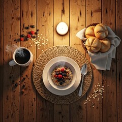 Cozy Morning Breakfast with Oatmeal, Berries, and Fresh Bread by Candlelight