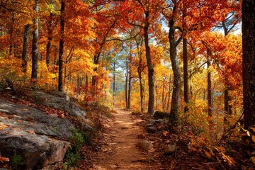 Fototapeta premium Scenic autumn trail through colorful trees. High quality