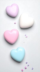 Fototapeta premium Delicate pastel hearts arranged on a light gray background, creating a sweet and romantic design.