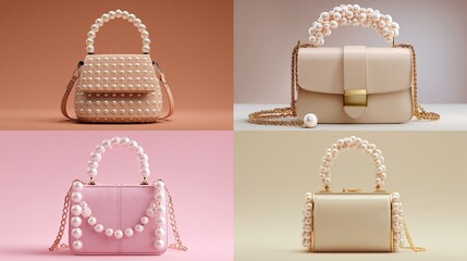 Pearl-handled handbags in various colors with beaded details on handles & chains