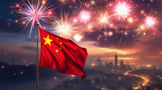 China Flag Fireworks Celebration Cityscape Night Sky.