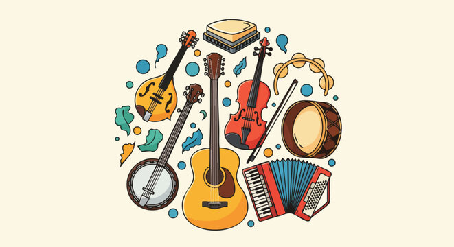 Colorful illustration of various musical instruments arranged in a circle. Perfect for music websites, blogs, or event posters