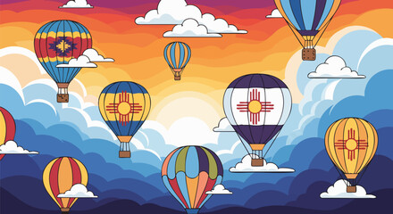 Colorful vector art shows hot air balloons in a vibrant sky with clouds. The New Mexico Zia symbol suggests a festive, adventurous mood