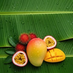 Tropical Fruits Mango, Rambutan, Passion Fruit on Banana Leaf