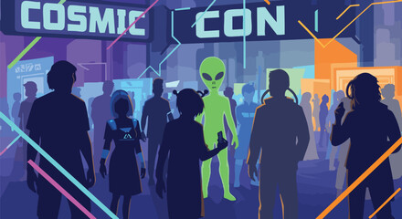 Cosmic Con illustration depicting a crowd of people and an alien at a science fiction convention