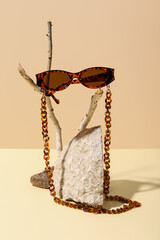 Tree branch with stylish sunglasses and stones on beige background