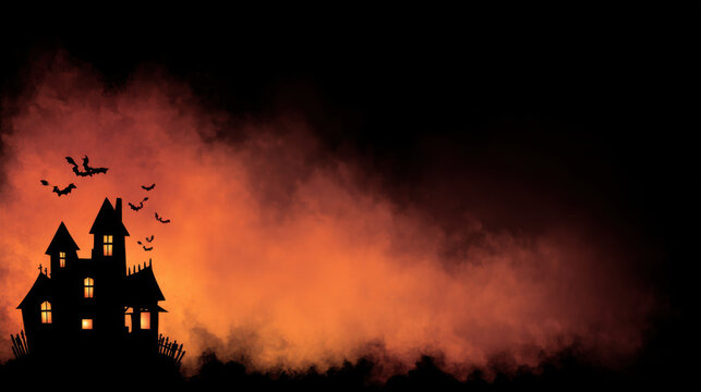 Haunted house silhouette with bats against dark, smoky background spooky atmosphere for Halloween