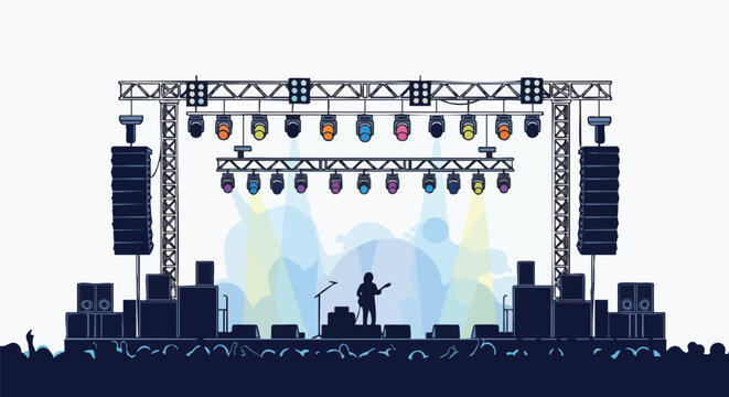 Concert stage illustration. Musician silhouette performing live music on stage with lighting and sound equipment. Excited crowd in attendance