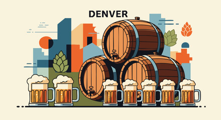 Denver brewery concept illustration. Beer mugs and wooden barrels of craft beer create a festive mood in the city
