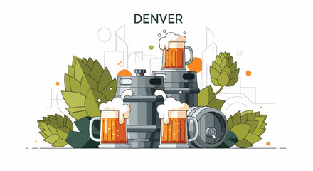 Denver themed illustration featuring beer, hops and kegs, a fun design concept
