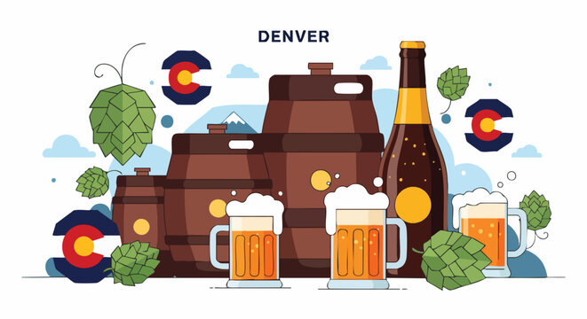 Denver craft beer scene illustration. Featuring beer barrels, mugs filled with refreshing beer, and Colorado state flag icons