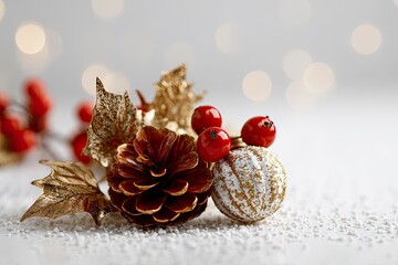 Holiday arrangement pinecone ornament berries and gold leaves on a snowy surface against a blurred bokehlit backdrop