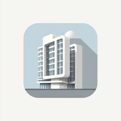 Iconstyle building image in white with rounded edges set against a light blue and gray background