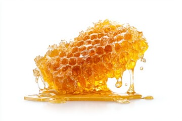 Honeycomb piece is drenched in amber honey with drops  pool on the white surface