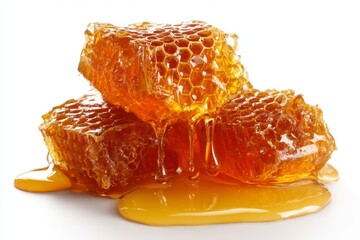 Honeycomb stack with dripping honey on a white surface showing hexagonal cell structure