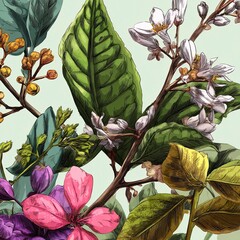 Illustrated floral pattern with large leaves branches white pink and purple blooms on a pale green background