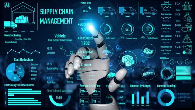 AI controls supply chain systems with virtual assistant monitoring, route optimization, and artificial intelligence for procurement, delivery, and warehouse tracking. Thunk