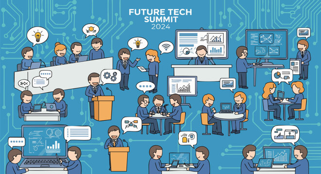 Dynamic illustration of Future Tech Summit 2024. Professionals collaborate, present, and analyze data in a vibrant digital environment