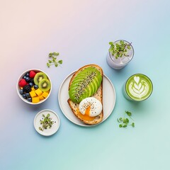 Aesthetic top-down view of a nutritious breakfast meal with superfoods on a pastel background