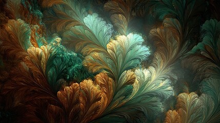 Intricate fractal pattern evokes fantastical leaves in hues of brown gold and turquoise