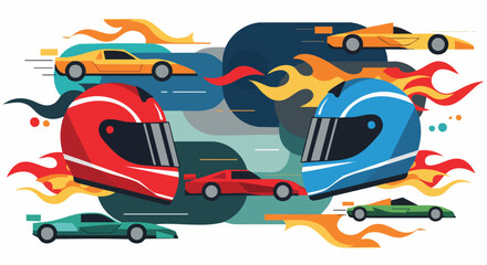 Dynamic vector illustration of a thrilling race with red and blue helmets and various sports cars. Fiery accents convey speed and competition