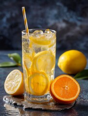 Lemon  orange citrus drink with ice in a tall glass alongside fruit halves
