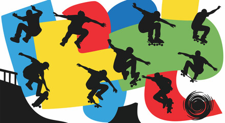 Dynamic vector illustration showcasing multiple black silhouettes of skateboarders performing various impressive tricks