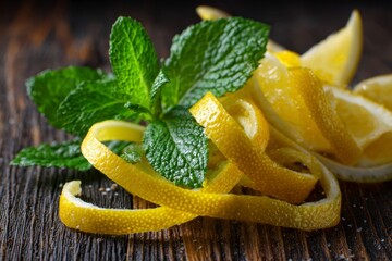 Lemon peels and mint leaves are arranged on a wooden surface highlighting their vibrant color and texture