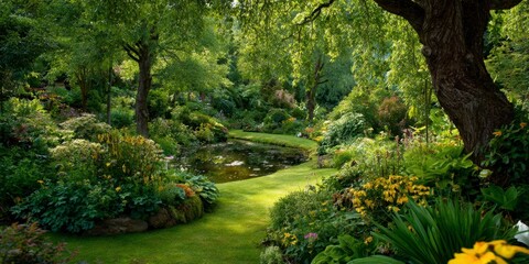 Lush garden with pond green grass big trees and colorful flowers on a bright sunny day
