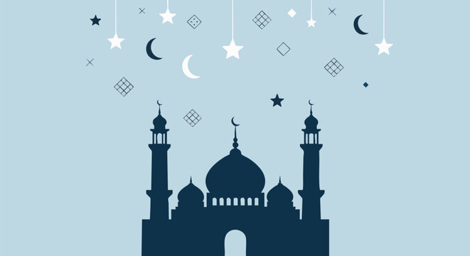 Eid Mubarak design with a mosque silhouette against a light blue background, decorated with moons and stars