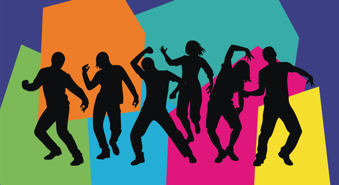 Energetic silhouettes of people dancing with a colorful geometric background. This vector illustration depicts movement, motion, and celebration - Powered by Adobe