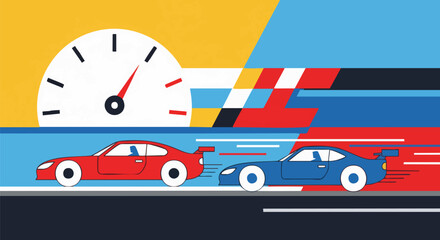 Flat design illustration of red and blue sports cars racing on a track