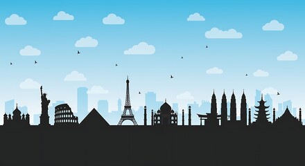 Obraz premium Iconic World Landmarks Silhouette Under a Clear Blue Sky