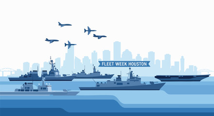 Fototapeta premium Flat design illustration for Fleet Week Houston. Naval warships and fighter jets parade over a blue city skyline