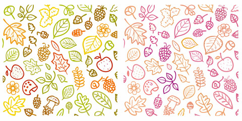 Hand drawn autumn leaves berries acorns flowers and fruits seamless pattern in two color palettes