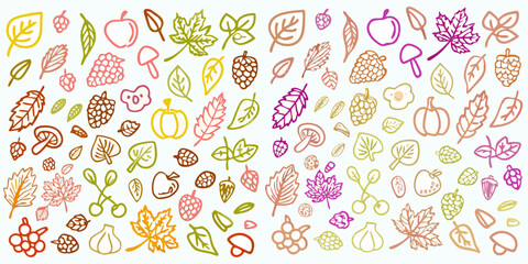 Whimsical hand drawn autumn harvest elements and fall leaves pattern on white background