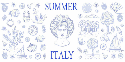 Whimsical summer in italy collection featuring ancient bust flora and nautical elements