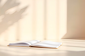 Open Notebook on Table with Soft Sunlight and Shadowy Pattern
